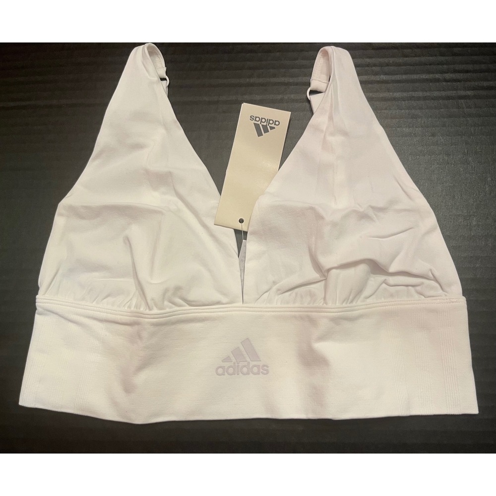 Adidas Women White Active Seamless Micro Stretch Plunging Longline Bralette L